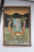 AN INDIAN BANNER painted with figures. 3ft 9ins x 2ft 9ins.