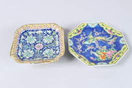 A CHINESE SQUARE FLORAL DISH, 5.75ins and a JAPANESE OCTAGONAL DISH, 7ins. (2).