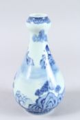 A CHINESE BLUE AND WHITE GARLIC VASE with allround landscape scene. 9.5ins high.