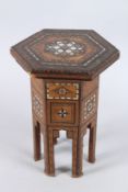 A FINE 19TH CENTURY SYRIAN DAMASCUS MARQUETRY INLAID WOODEN TABLE. 14ins high.