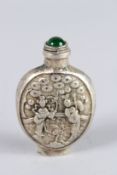 A CHINESE WHITE METAL SNUFF BOTTLE.