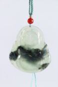 A JADEITE LAUGHING BUDDHA. 1.75ins, on a rope.
