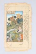 A VERY FINE INDO PERSIAN MINIATURE PAINTING with calligraphy to the back. 7.5ins x 3.75ins.