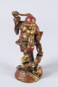 A CHINESE BRONZE STATUE OF BUDAI (also known as the laughing Buddha or Maitreya). 6ins high.
