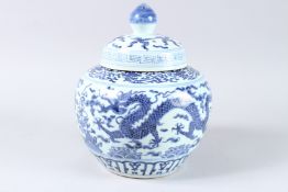 A CHINESE BLUE AND WHITE GINGER JAR AND COVER. 12ins high.