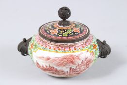 A FINE QING DYNASTY ENAMEL INCENSE BURNER with a pierced metal lid, the body is decorated with a red
