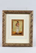 AN INDIAN PICTURE OF A YOUNG LADY holding a child. Image 4ins x 3ins, framed and glazed.