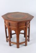 A FINE 19TH CNETURY ANGLO INDIAN HOSHIAPUR BRASS, COPPER AND EBONY INLAID WOODEN TABLE. 19ins high.