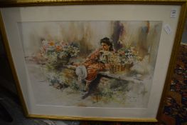 Sara King, girl seated on a bench, colour print and one other.