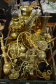 Quantity of brass ware to include light fittings, large jug, oil lamp etc.