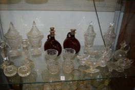 Two pairs of cut glass pedestal jars and covers and other glassware.