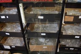 Large of quantity of glassware to include Champagne bowls, wine glasses, fruit bowls, decanters