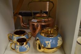 Copper kettle and three piece tea services.