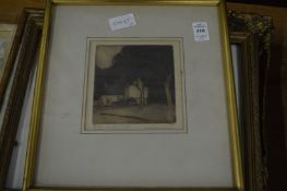 A small pencil signed engraving, Japanese print of a bird on a branch and other items.