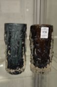 A Whitefriars amber tinted bark vase together with a similar aquamarine vase.
