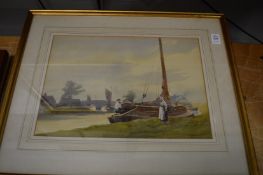 Donald, figures conversing by a moored boat, watercolour, signed and two other watercolours.