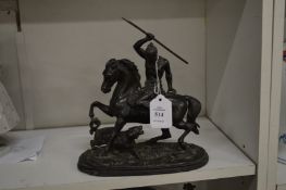 Cast spelter group of an Indian brave on horseback attacking a tiger.