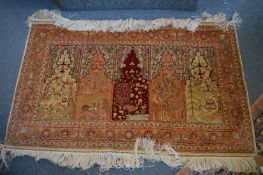 A very good Persian silk carpet or wall hanging, decorated with five panels depicting birds and