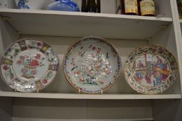 Chinese famille rose porcelain circular dish and two other dishes.