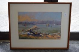 W Davies, figures on a sailing boat, oil on paper together with another similar, a pair.