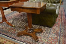 A good 19th century rosewood single drawer pedestal occasional table on platform base with carved