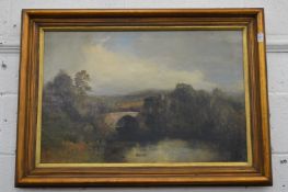 19th century English School, fishermen seated on a bank by a stone bridge, oil on canvas.