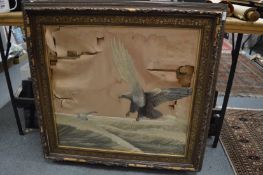 Japanese silk work picture of an eagle chasing its prey (faults).