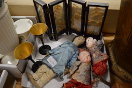 Japanese dolls, a miniature cork screen and a pair of lacquer goblets.