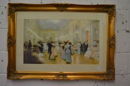 Figures dancing in a ballroom, colour print in a decorative gilt frame.