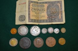 A group of coins to include a George II three penny piece.