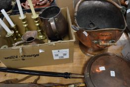 Copper and brass ware to include a coal scuttle, bed warming pan, candlesticks etc.