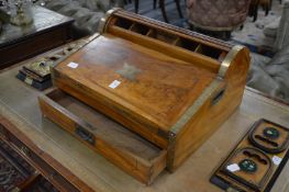 A good mahogany and brass bound table top writing desk with tambour top and folding writing slope