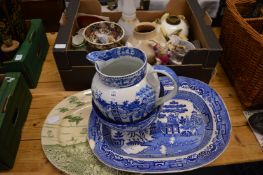 Blue and white jug, meat plate and other decorative china (faults).