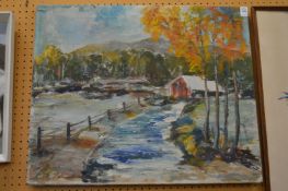 Woodland scene with farm building, oil on canvas, unframed together with an oil painting depicting a