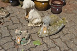 Garden ornaments modelled as a frog, a swan and a dog.