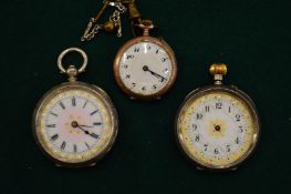 Two silver cased pocket watches and a small fob watch.
