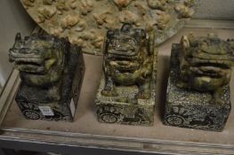 Three large Chinese carved hard stone seals mounted with Buddhistic lions.