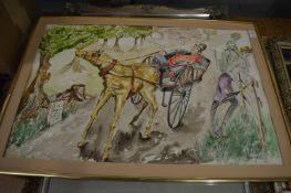Eric Holden, an amusing watercolour depicting man in a horse drawn cart together with a botanical