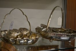 Two plated swing handled baskets, various flatware, pair of goblets etc.
