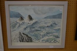 Waves crashing against the rocks, watercolour, monogrammed.