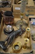 Spelter figure, brass candlesticks etc.