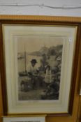 After John Reid, fishermen and children on a Cornish harbour, print, signed.
