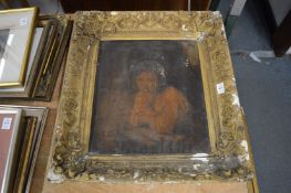A 19th century English school portrait of a young lady leaning on a table, oil on canvas in a gilt