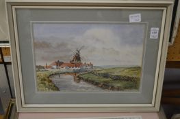 David Jenkins, windmill and buildings by a river, watercolour and a collection of other watercolours