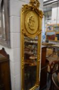 A pair of decorative gilt framed narrow mirrors.