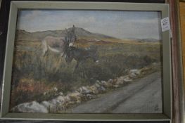 Donkeys by a track, oil on board together with sailing ships in a harbour, oil on canvas (faults).