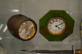 A Swiza barrel shaped desk clock and a chinoiserie decorated desk clock.