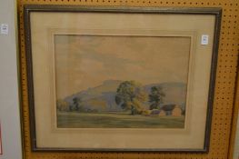 Downland view with farm buildings, watercolour, indistinctly signed.