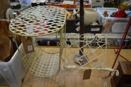 Small wrought iron table, similar folding magazine rack and a candle stand.