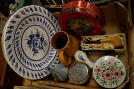 Collectors tins, porcelain plates, a meerschaum pipe etc.